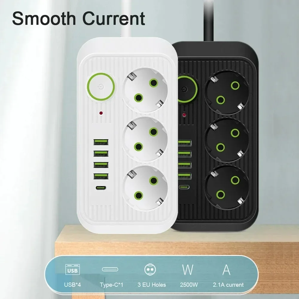 3AC EU Stecker Outlets Power Streifen Multitap Linie Filter Buchse Verlängerung Kabel Elektrische Mit USB Typ C Ladegerät Netzwerk Adapter