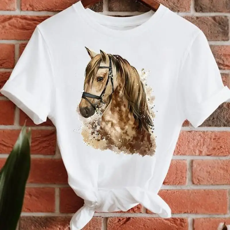 Watercolor Horse Love Women Top Trend Tee Tshirt Travel Casual Lady Fashion Aesthetic Summer Short Sleeve Graphic T-Shirt