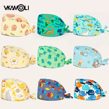 Esfoliantes bonés animação dos desenhos animados impressão cirúrgica bonés mulher ajustável suor-absorvente elástico algodão enfermeira esfrega chapéus