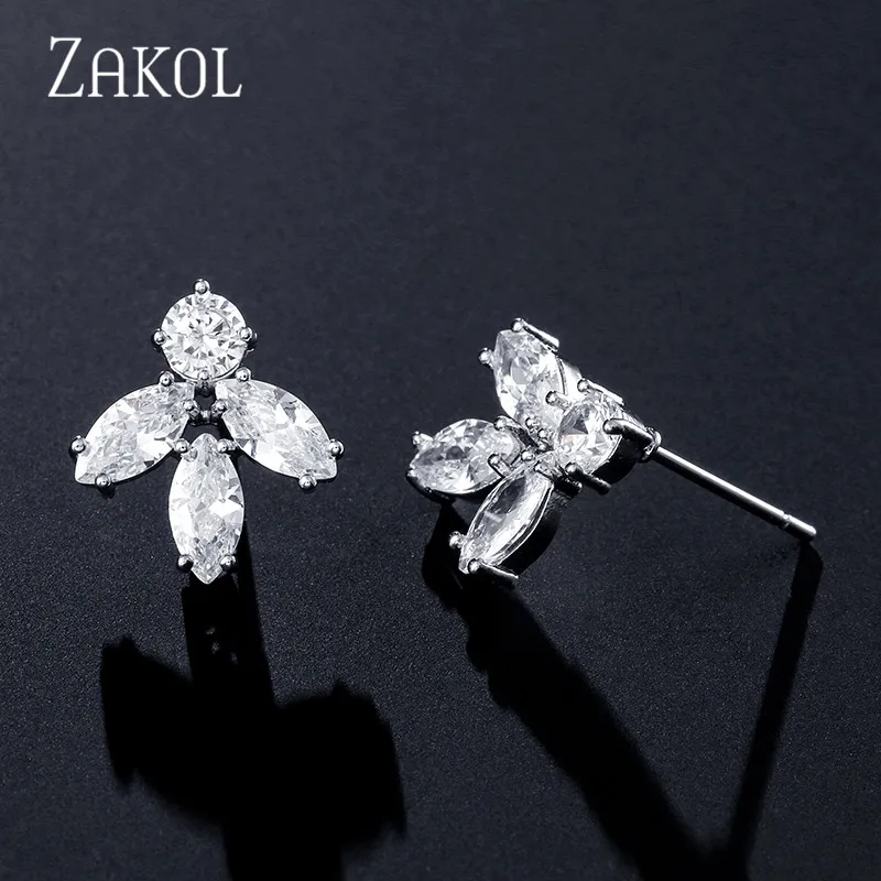 ZAKOL Fashion Leaf Female Cubic Zircon Stud Earrings for Women Girl Bridal Wedding Active Dangle Style Gifts EP2497