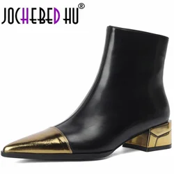 【JOCHEBED HU】Brand Genuine Leather Boots for Women Medium Block Heels Booties Back Zipper Ladies Shoes Autumn Winter 33-43