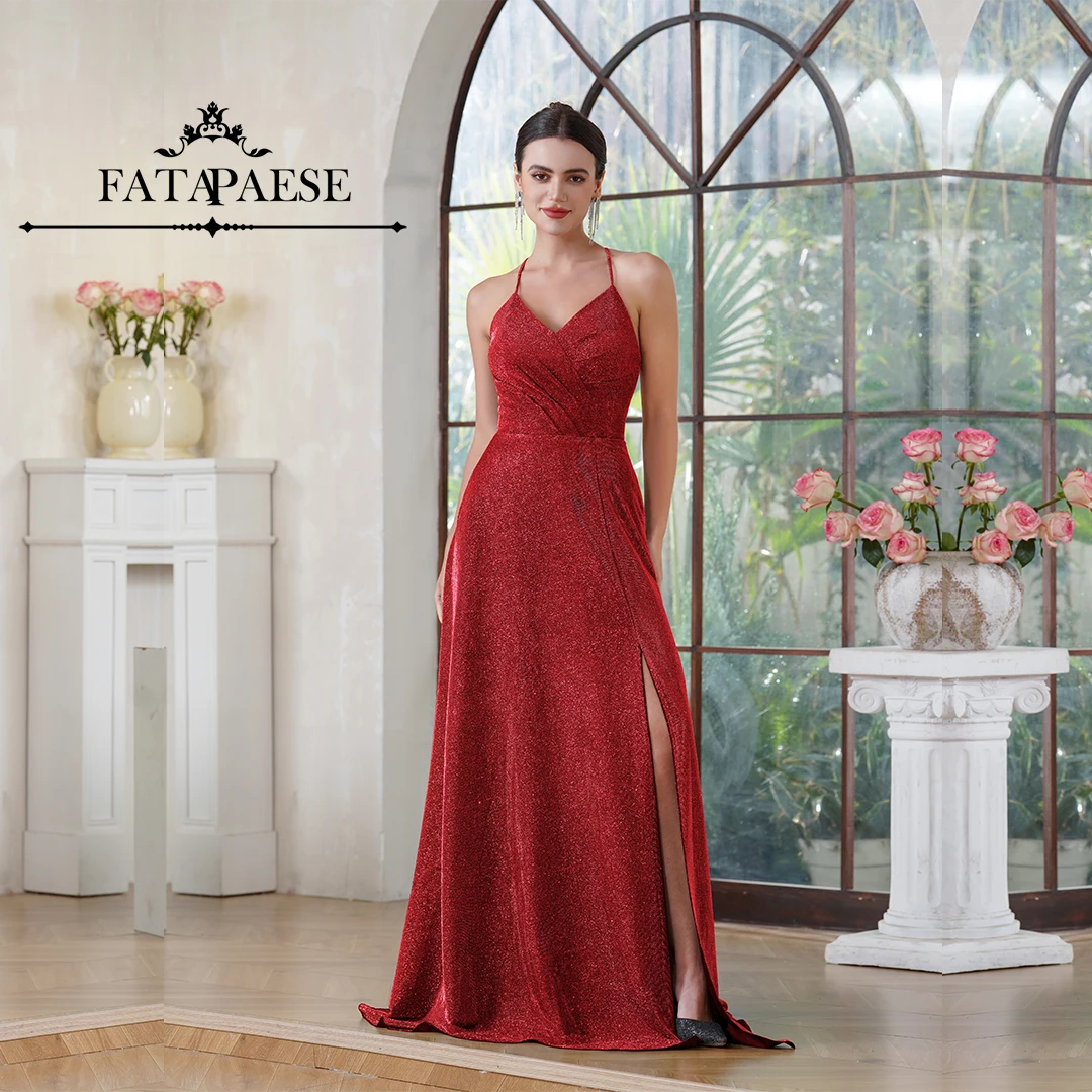 

FATAPAESE Spaghetti Strap Shiny Evening Dress with V-neckline Front Slit Floor-length Gown Sparking Fabric for Formal Party