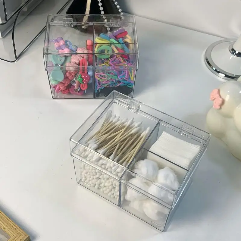 Transparenter Kunststoff-Aufbewahrungsorganizer mit 3 Fächern und staubdichten Klappdeckeln für die Aufbewahrung von Wattestäbchen, Haaraccessoires und kleinen Gegenständen im Badezimmer. – Detail 10