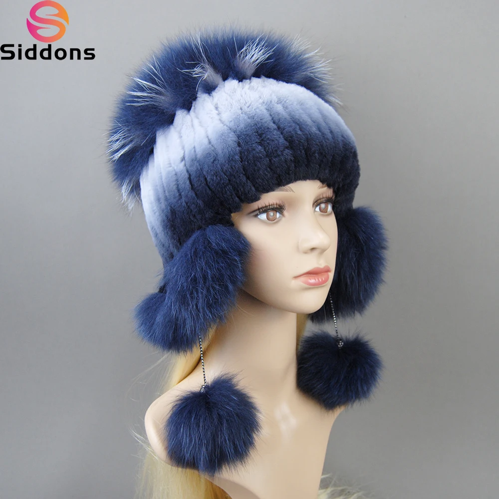 

Elastic Knitted Rex Rabbit Fur Beanies Handmade Real Fur Hat with Fox Fur Ears Genuine Fur Snow Cap Bonnets for Women Designer