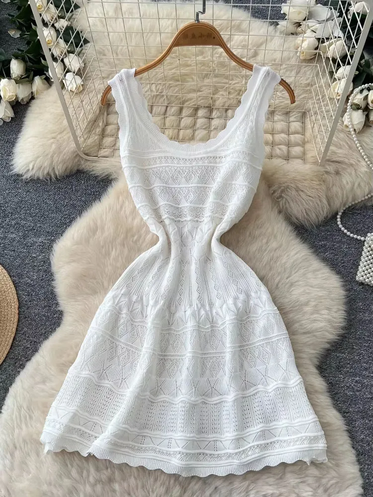 Summer Woman Knitted Sleeveless Dress Fashion Hollow Out All Match Vestidos Korean A-line Mini Dresses 2026 Vestidos De Mujer