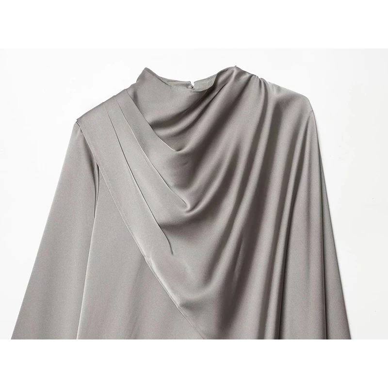 YENKYE 신상 2026 여성 숄 디자인 새틴 블라우스 긴 소매 봄 하이 스트리트 우아한 탑