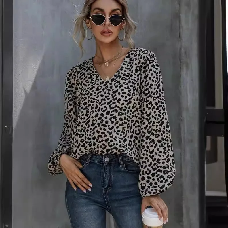 Women's Wish New Product Bubble Sleeve Leopard Pattern Casual V-neck Loose Long Sleeve Top