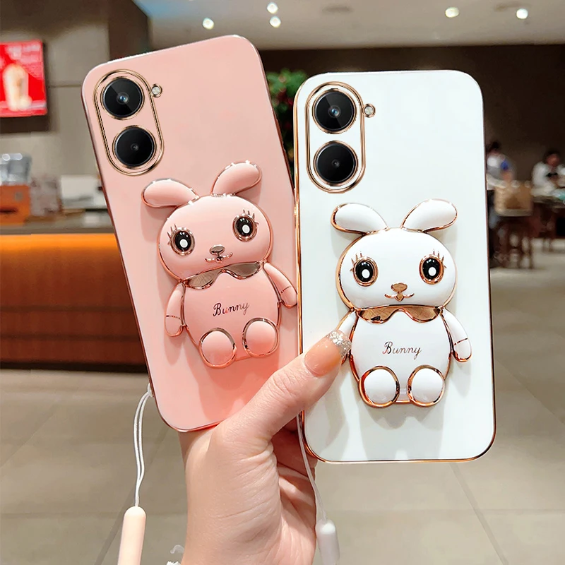 For OPPO Realme 10 Pro 5G Phone Case Cute Cartoon Rabbit Fold Stand With Lanyard Soft Silicone Luxury Plating Cover