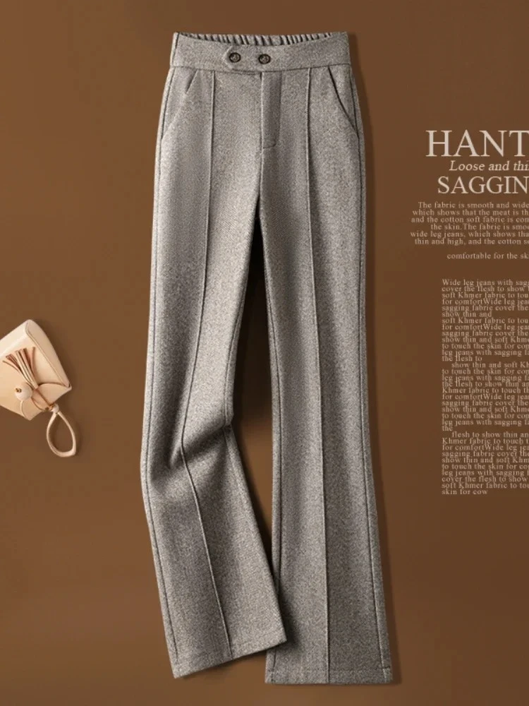 

Women's Herringbone Woolen Flare Pants Elastic Waist Black Warm Comfort Autumn Winter 2025 Fashion Trousers