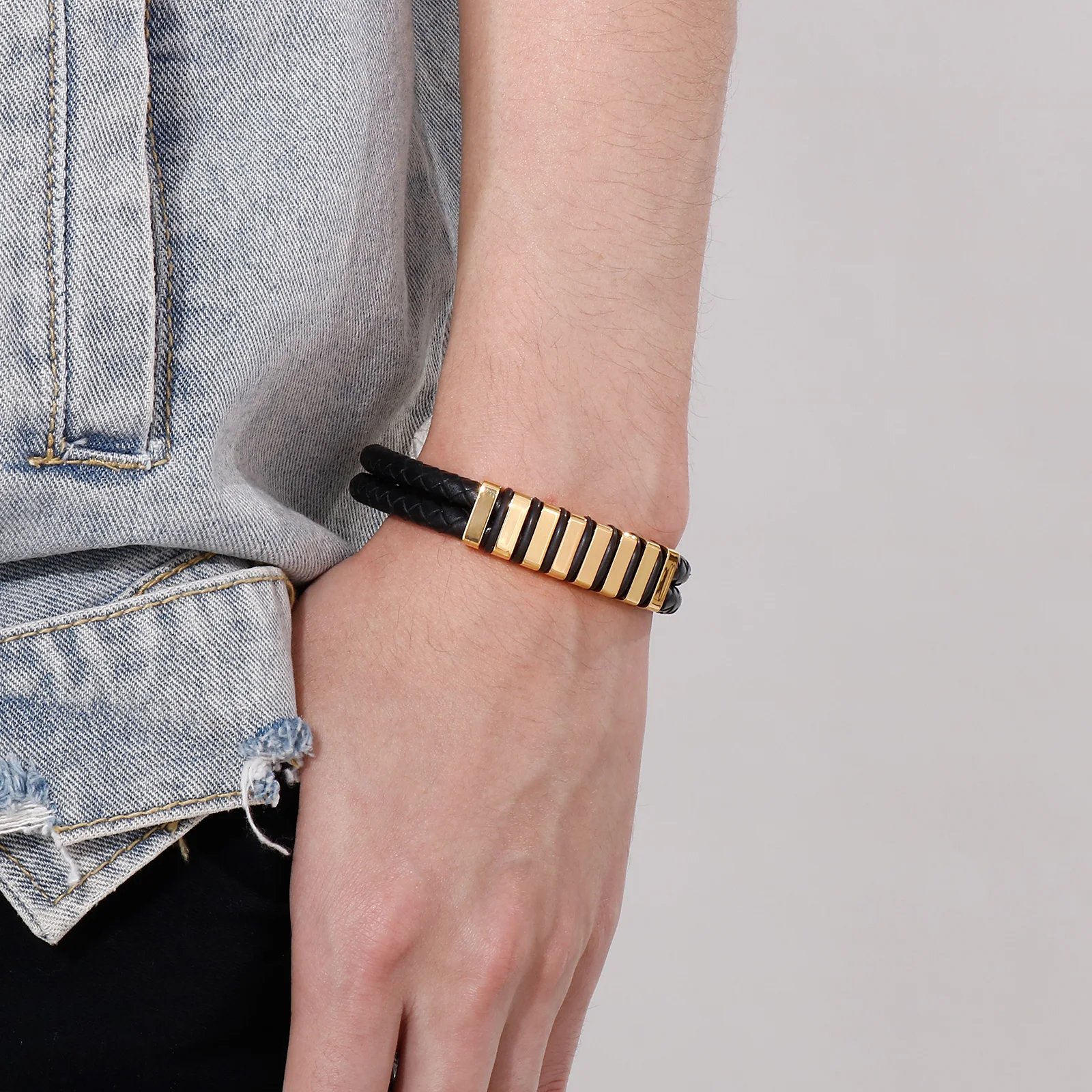 KALEN Stainless Steel Cowhide Leather Bracelets Black Braid Chain Bracelet Men's Magnetic Genuine Gift 3 Color Jewelry