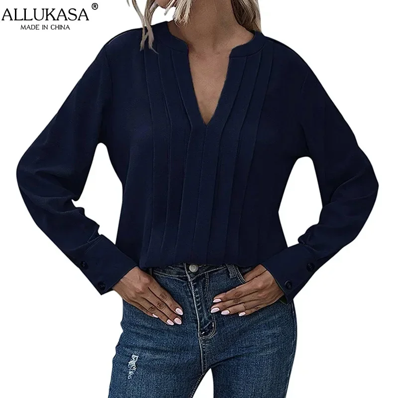 Allukasa Women Chiffon Blouse Female V Neck Casual Long Sleeve Pleated Solid Color Pullover Fashion Office Shirt Ladies Clothing