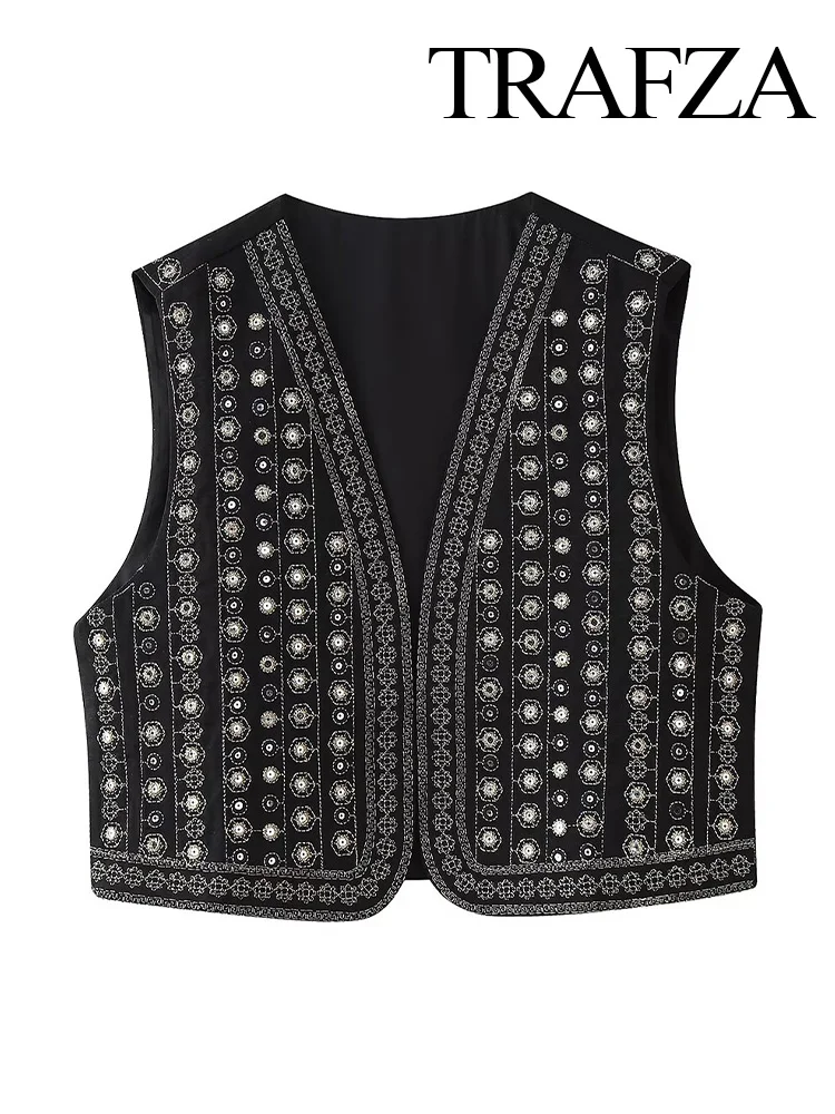 TRAFZA Women New Fashion V-Neck Embroidered Sequin Short Vest Summer Female Chic Attractive Sleeveless High Street Casual Top