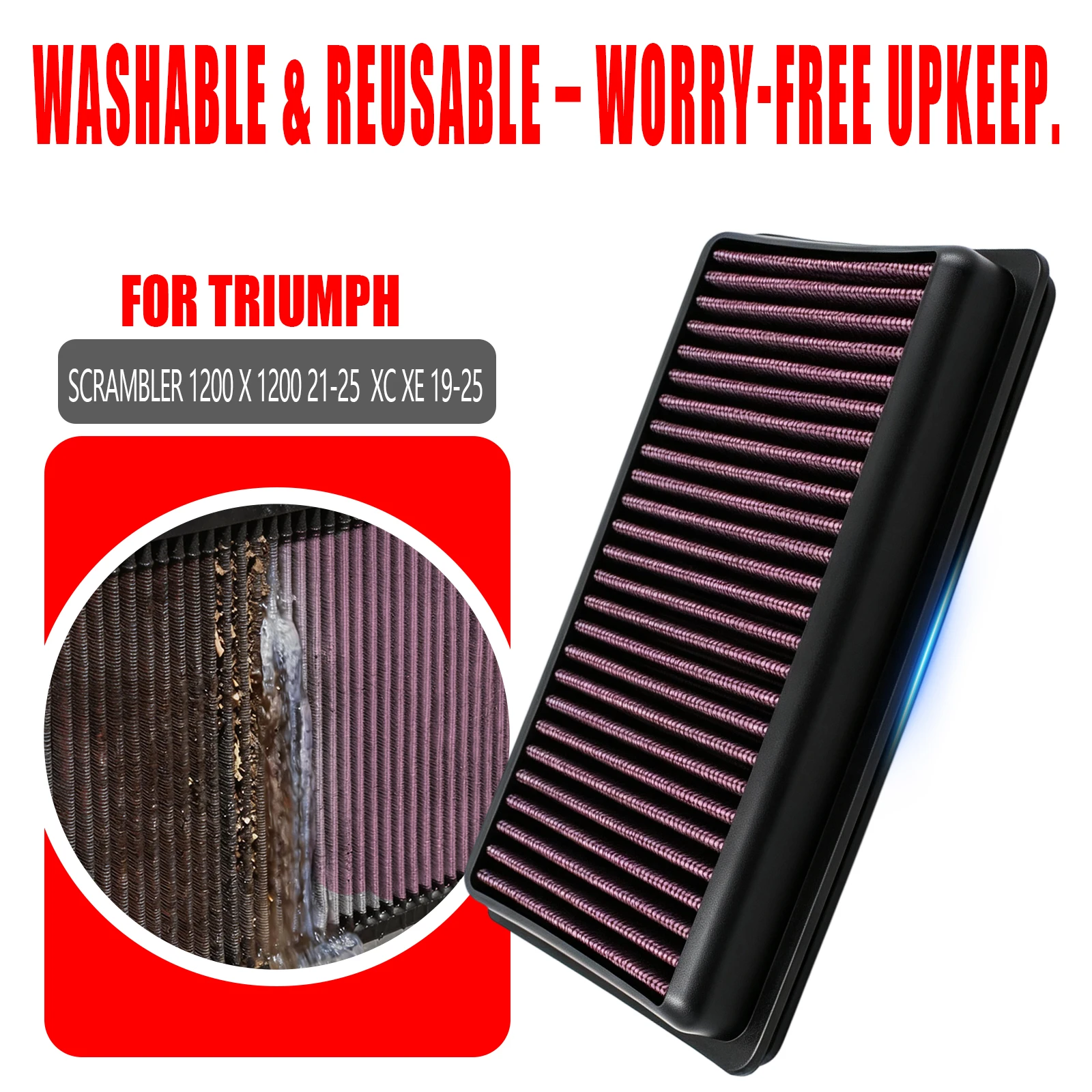 Motorcycle Washable High Flow Air Filter Intake Cleaner Replacement For Triumph Scrambler 1200 X XC XE 2019-2025