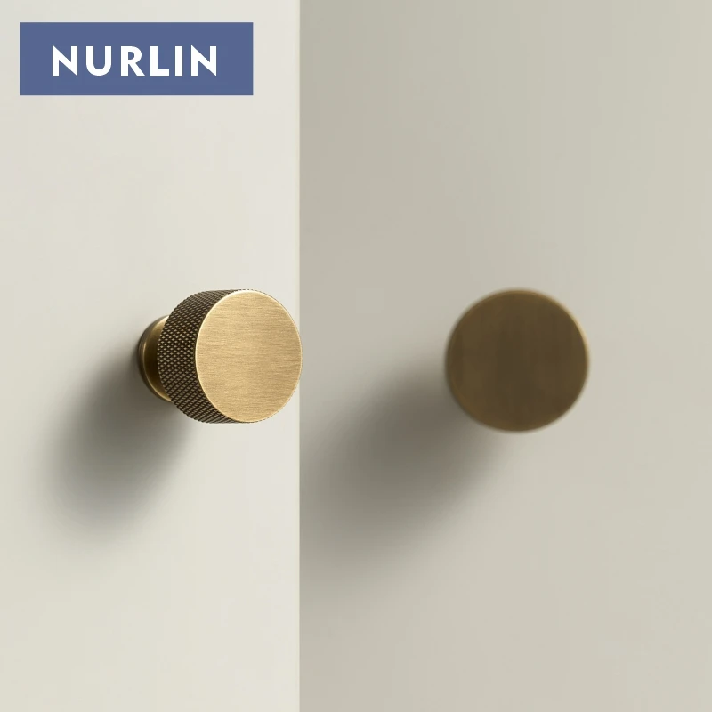 Nurlin Solid Brass Classic Luxury Cabinet Knurled Pattern Knobs Drawer Handle Door Pull Retro Distressed Matte Gold Many Size