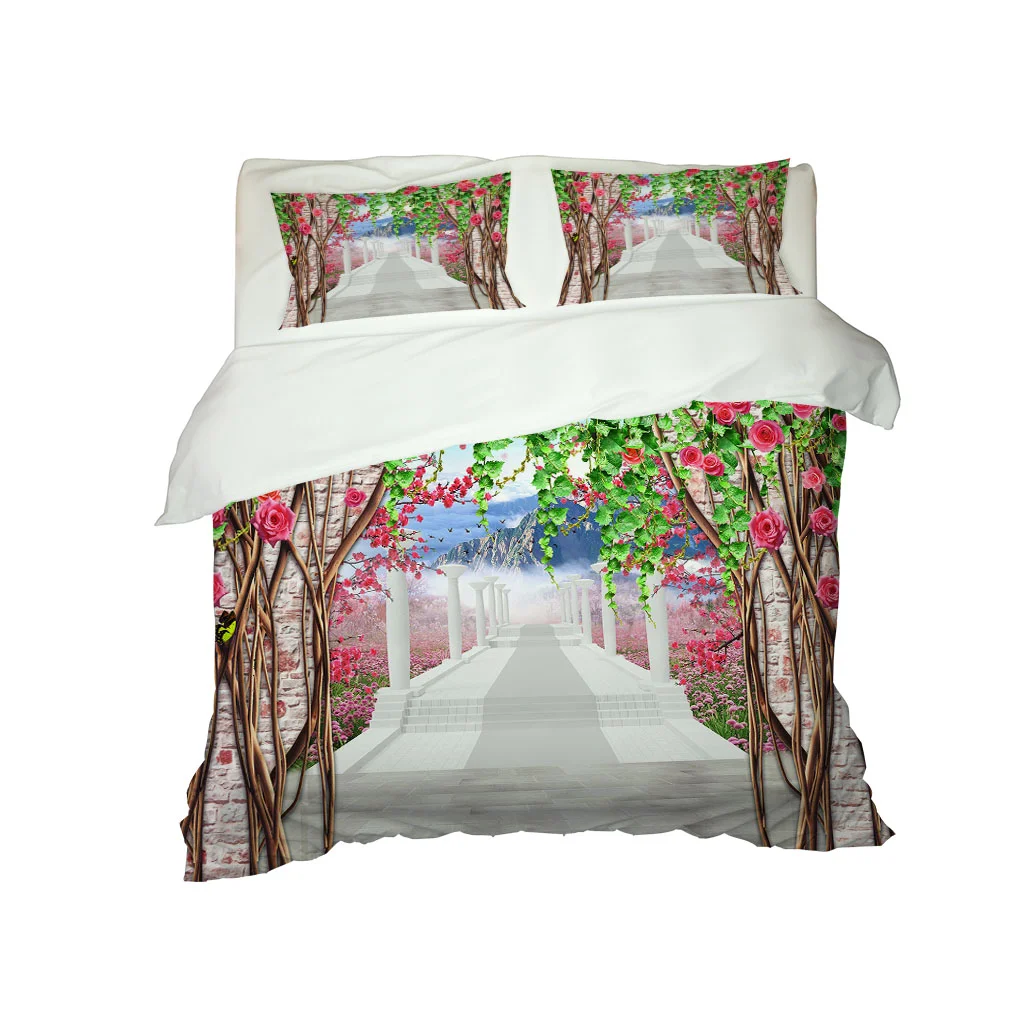 HUANZHUANG Duvet Cover Set Single Size Girls Boys Kids 3D Garden Porch Roman Columns Bedding Set with Zipper Closure for Teens