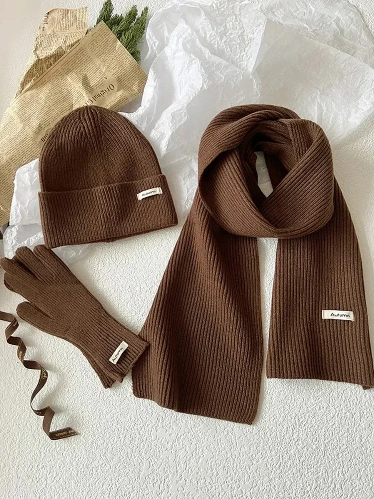 Feminino cor sólida malha inverno cachecol chapéu e luvas conjunto à prova de vento três peças acessórios de moda para adultos chapéus para mulher
