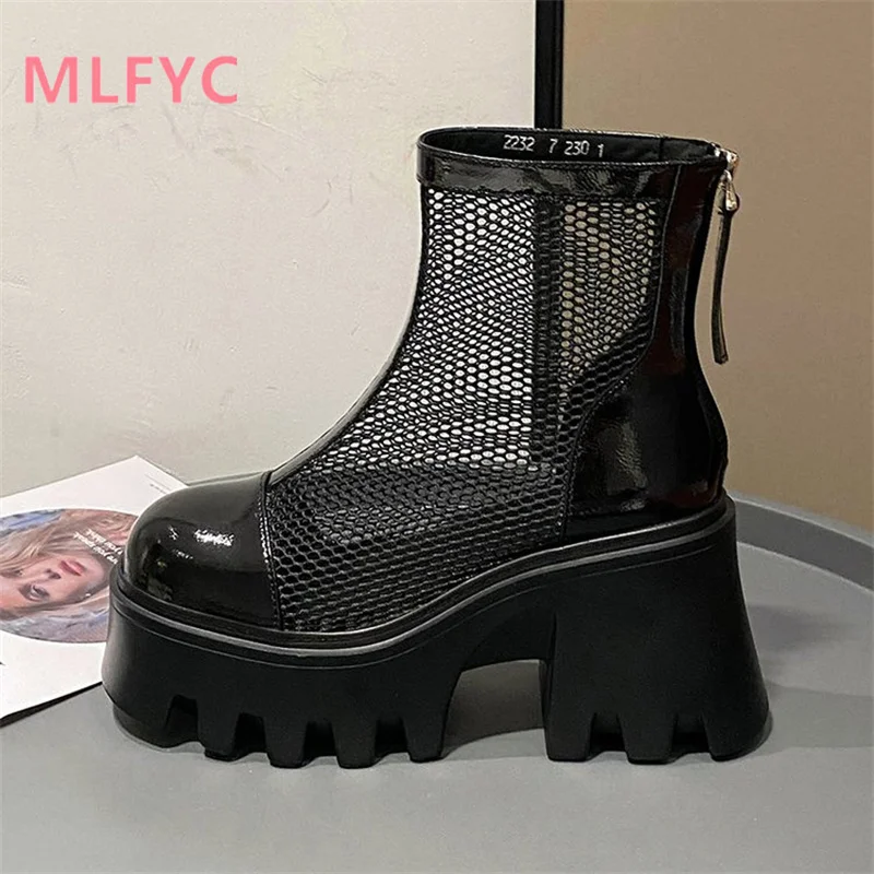 Summer Thin Women\'s Mesh Breathable Smoke Pipe Boots Thick Heel Elevated Hollow Mesh Boots ladies Simple Single Shoe