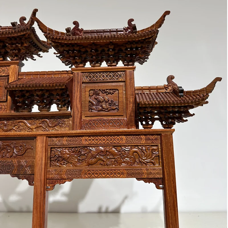 Wood carving ancient building archway model mahogany desktop ornament gift
