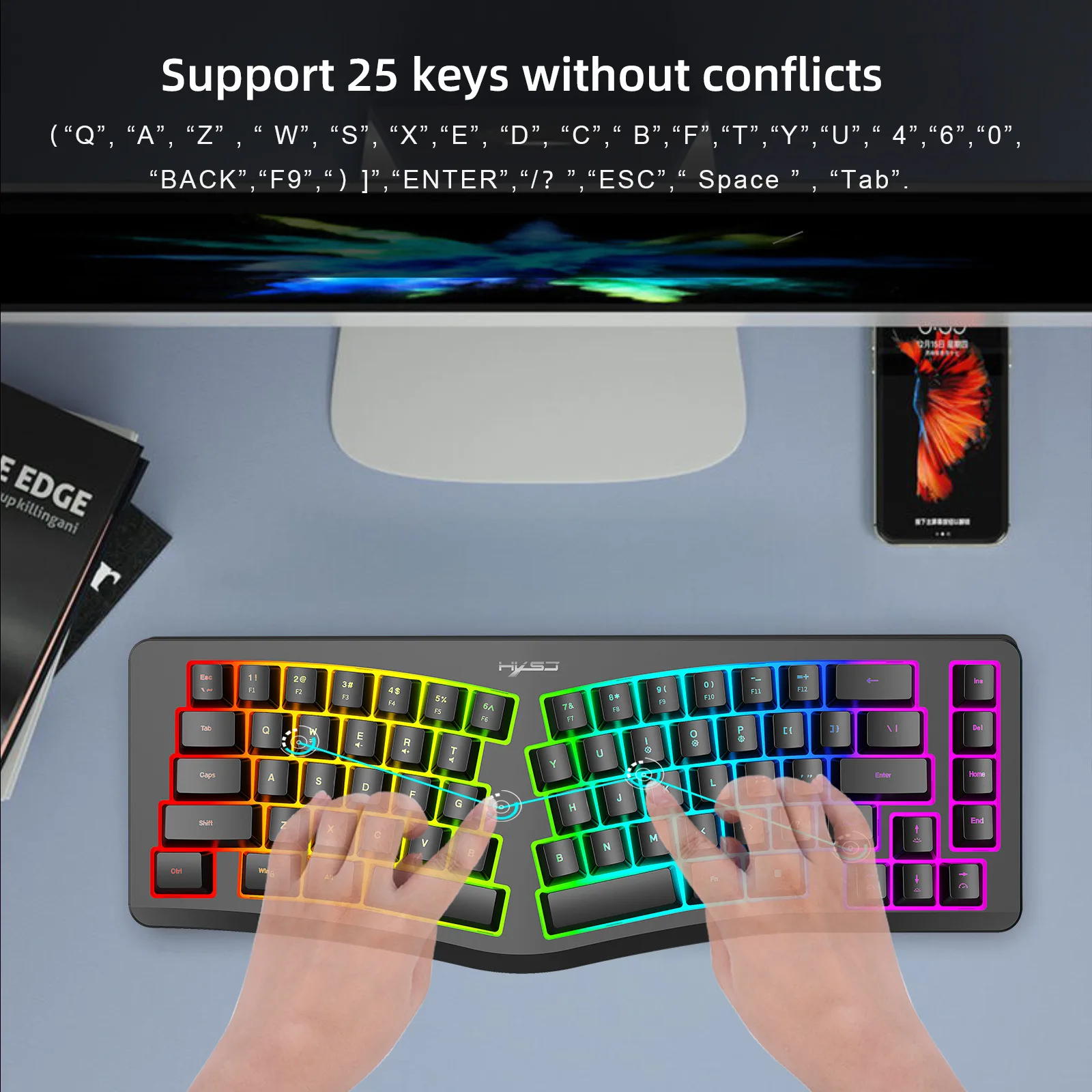 

Эргономичная клавиатура, проводная RGB-подсветка, разделенный тип, 69 клавиш, игровая клавиатура, мембранная клавиатура для офисного использования, мини-широкая совместимость