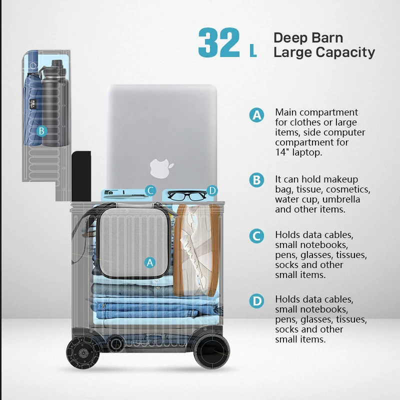 Gran oferta 2025, nuevo equipaje eléctrico de tamaño de cabina ligero de 20 pulgadas, maleta con apertura superior para patineta, equipaje