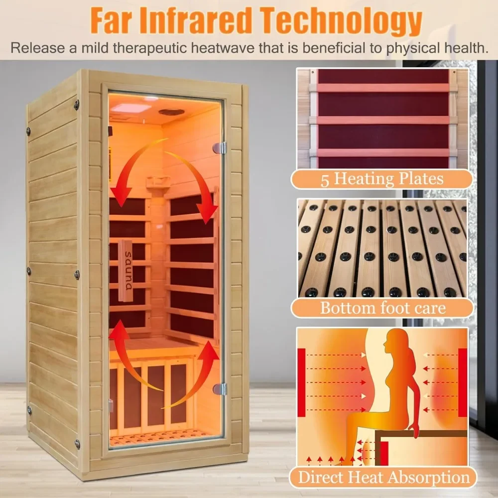 Sauna doméstica infrarroja para 1 persona, Sauna seca interior de madera Hemlock, paneles calefactores bajos EMF 1200W/110V, panel de control LCD