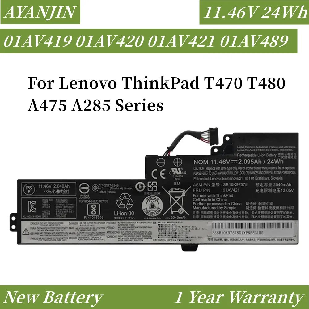 

01AV420 Internal Battery For Lenovo ThinkPad T470 T480 A475 A485 TP25 01AV419 01AV421 01AV489 SB10K97576 SB10K97578 11.4V 24WH