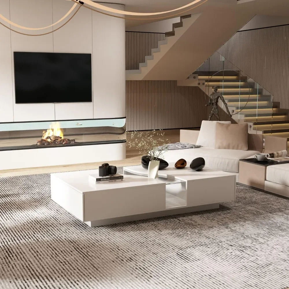 Coffee Table with Lights & Glass Tabletop, Living Room Coffee Table with 2 Drawers, Central Table with Storage