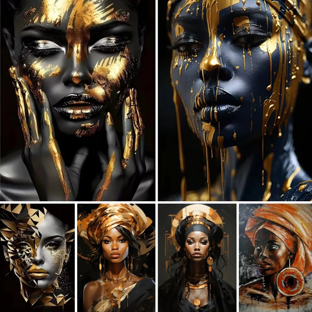 Golden Radiant African Beauty Posters Print Gold and Black Woman Canvas Painting Portrait Wall Art Mural for Living Room Decor
