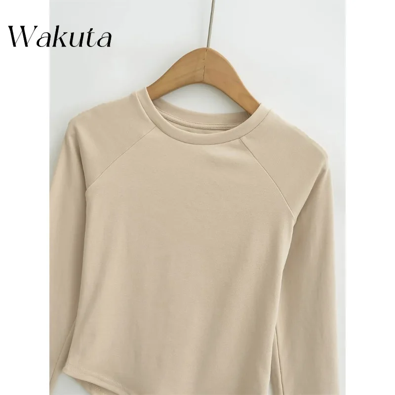 WAKUTA American Classic Round Neck Plunge Long Sleeve Bottom Shirt Casual Stretch Slim Solid Color Hem Curved Tees Pro Choice image 2