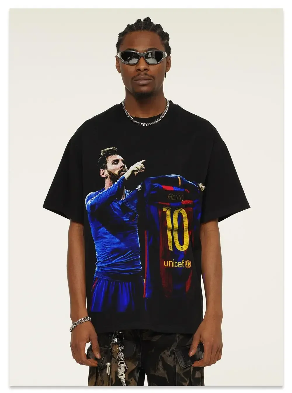 Messi 2025 Barcelona fútbol americano Vintage impreso moda marca suelta personalidad algodón manga corta Camiseta