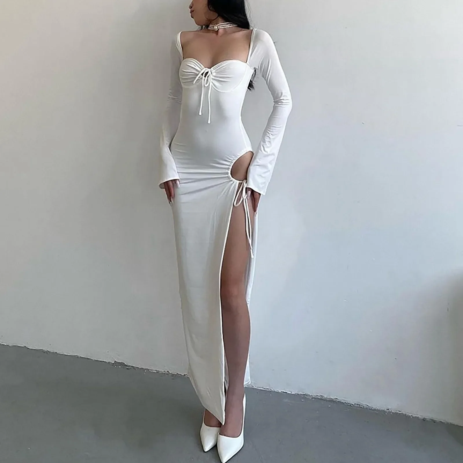 

Sexy Maxi Dress Women 2023 Long Sleeve Bodycon Solid Color High Split Party Backless Elegant Long Dresses Night Club Vestidos