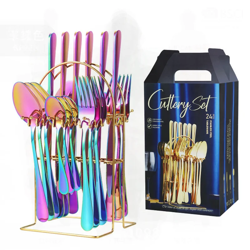 

Amazon Набор столовых приборов из нержавеющей стали из 24 предметов с подарочной коробкой — легкий роскошный нож для стейка в стиле вестерн, вилка, ложка, набор для домашнего использования, серебро