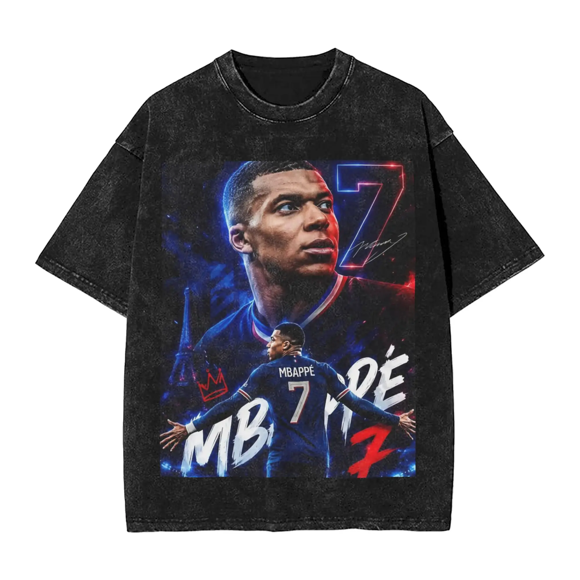 Washed T Shirts Mbappes Hip Hop Retro T-Shirts High Street Soccer Football Streetwear 100% Cotton Printed Tops Tee for Men Women