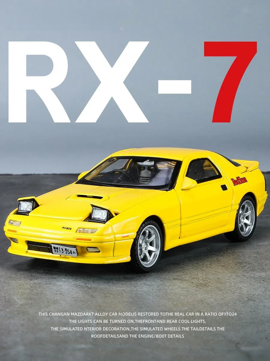 1:32 Mazda RX7 RX-7 Initial D Miniature Diecast Toy Car Model Sound & Light Doors Openable Collection Gift for Children Boy Kid