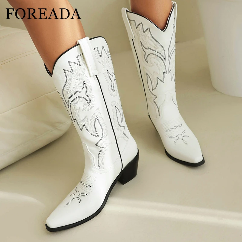 

FOREADA Women Mid Calf Cowboy Boots Square Toe Thick High Heels Embroidery Western Cowgirl Boots Ladies Fashion Shoes Winter 46