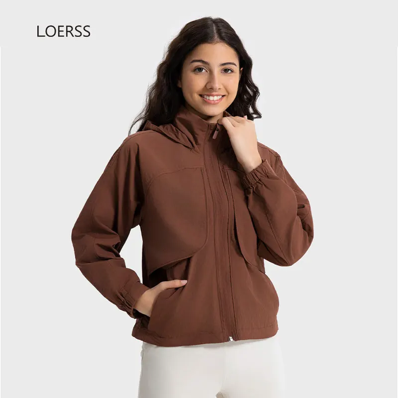 LOERSS-Jaqueta esportiva feminina com capuz, colarinho em pé, capuz impermeável, casaco para corrida, ioga, ao ar livre, casual, outono, inverno