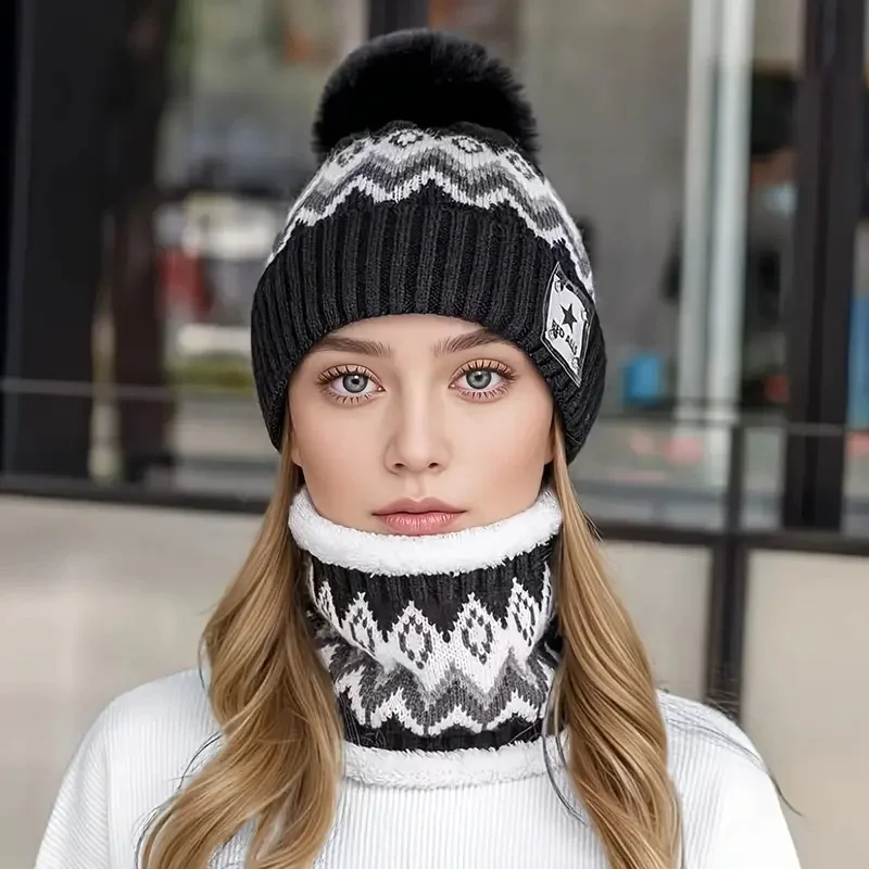 2pcs/Set Fleece-Lined Neck Warmer and Hat Combo for Autumn/Winter Outdoor Cycling, Thick Ballknitted Beanie