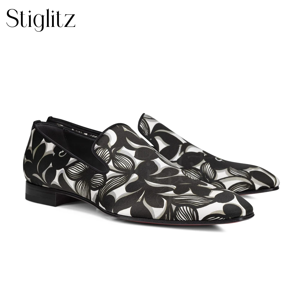 

Black Flowers Silk Loafers for Men Luxury Designer Style Handmade Slip on Comfortable Loafers Almond Toe Dress Shoes for Banquet