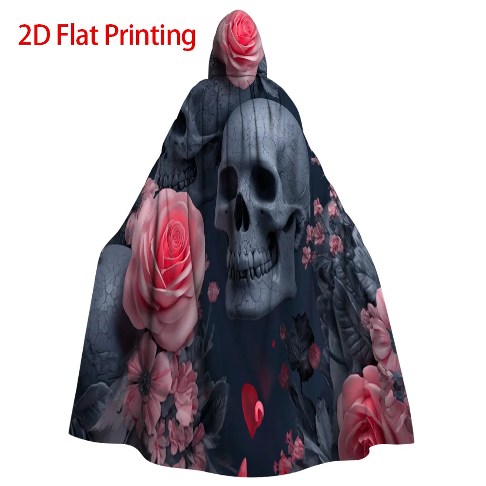 1pcs Gothic Spanish Cloak Dress Costume - Full-Length Hooded Wearable Blanket Dress with Skull & Roses Print