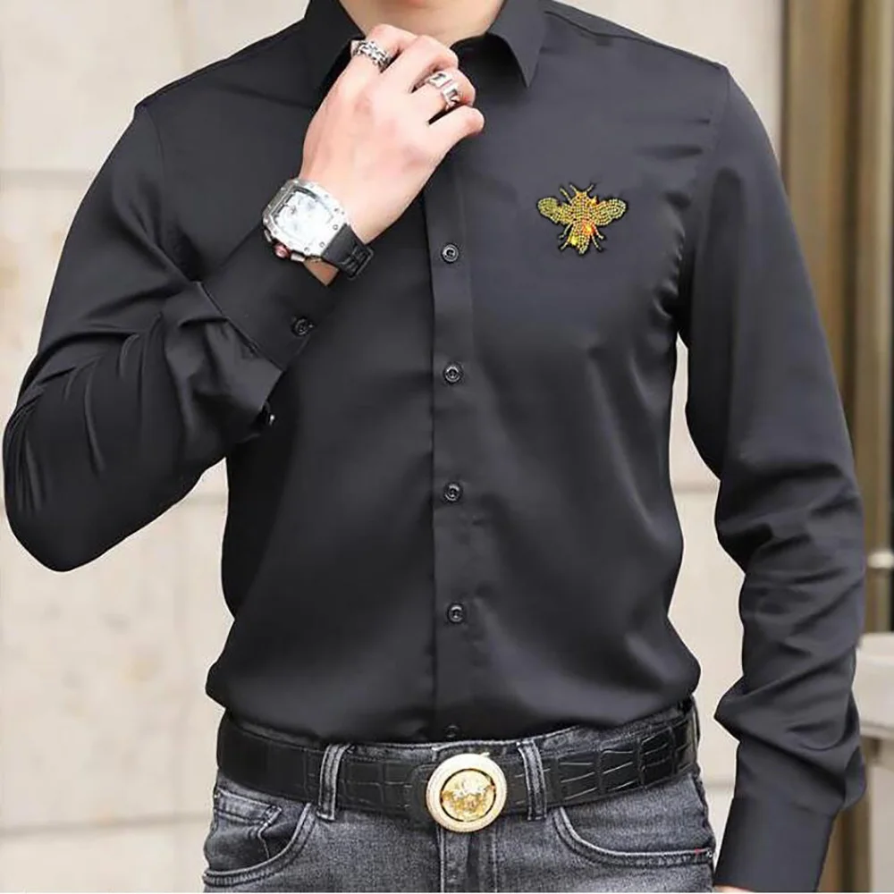 Rhinestones  Men's Shirt Long Sleeve Business Formal Dress Casual Shirts Streetwear Social Part 025 y  Male Clothing Camisa