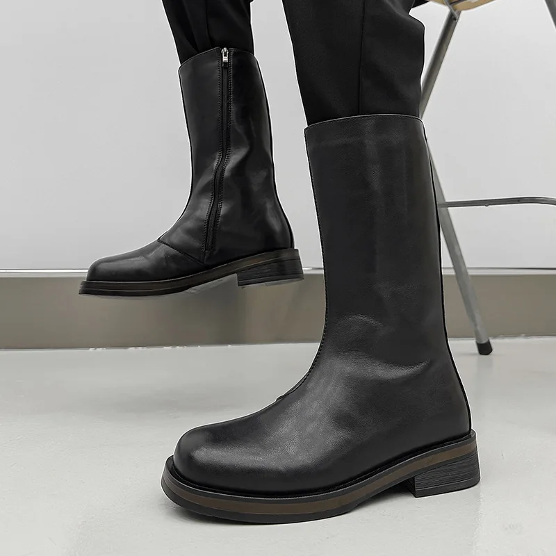 plus size mens fashion stage nightclub high chelsea boots black brown original leather shoes cowboy platform boot long botas man