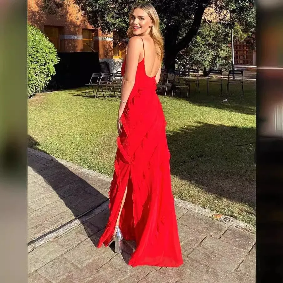Summer Wedding Guest Dress: Sleeveless V Neck Long Open Back Low Waist Slit Wavy Hem Elegant Party Dress for Prom Evening Women