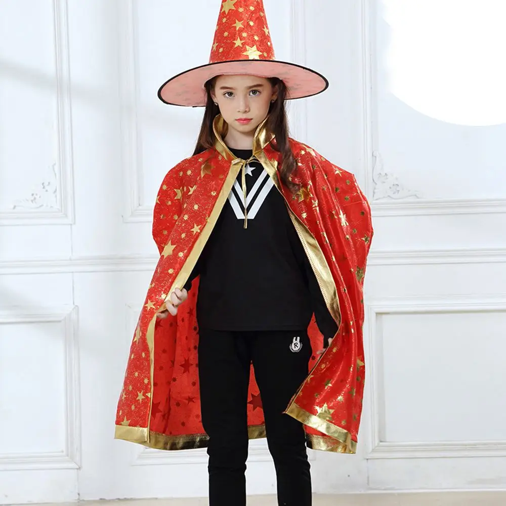 

With Wizard Hat Girls Star Witch Caps Children Cosplay Costumes Performance Clothes Halloween Cloak Sets Scary Costumes