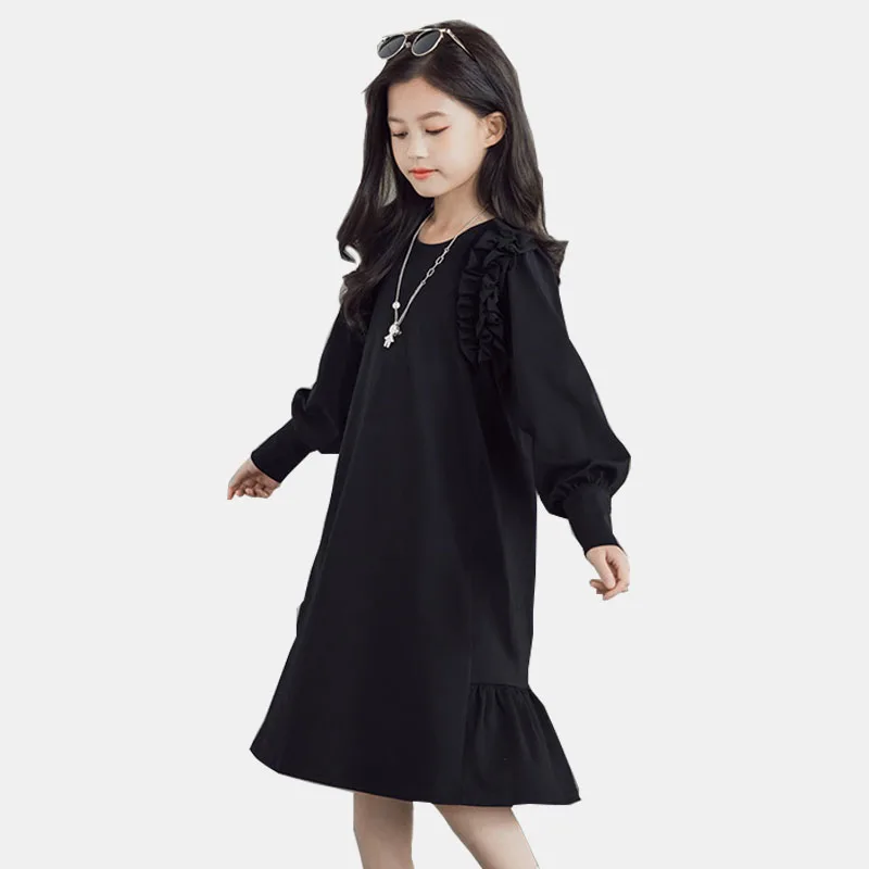 Autumn Long Sleeve Dress for Girls Ruffle Design Teenage 12 13 14 Years Kids Casual Dress Black Grey School Children Clothes