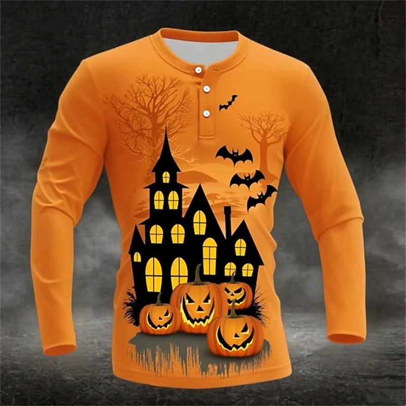 New Halloween-Themed Men's Henley-Neck Long-Sleeve Shirt Orange Haunted House And Bat Print Long-Sleeve Casual Fall Top