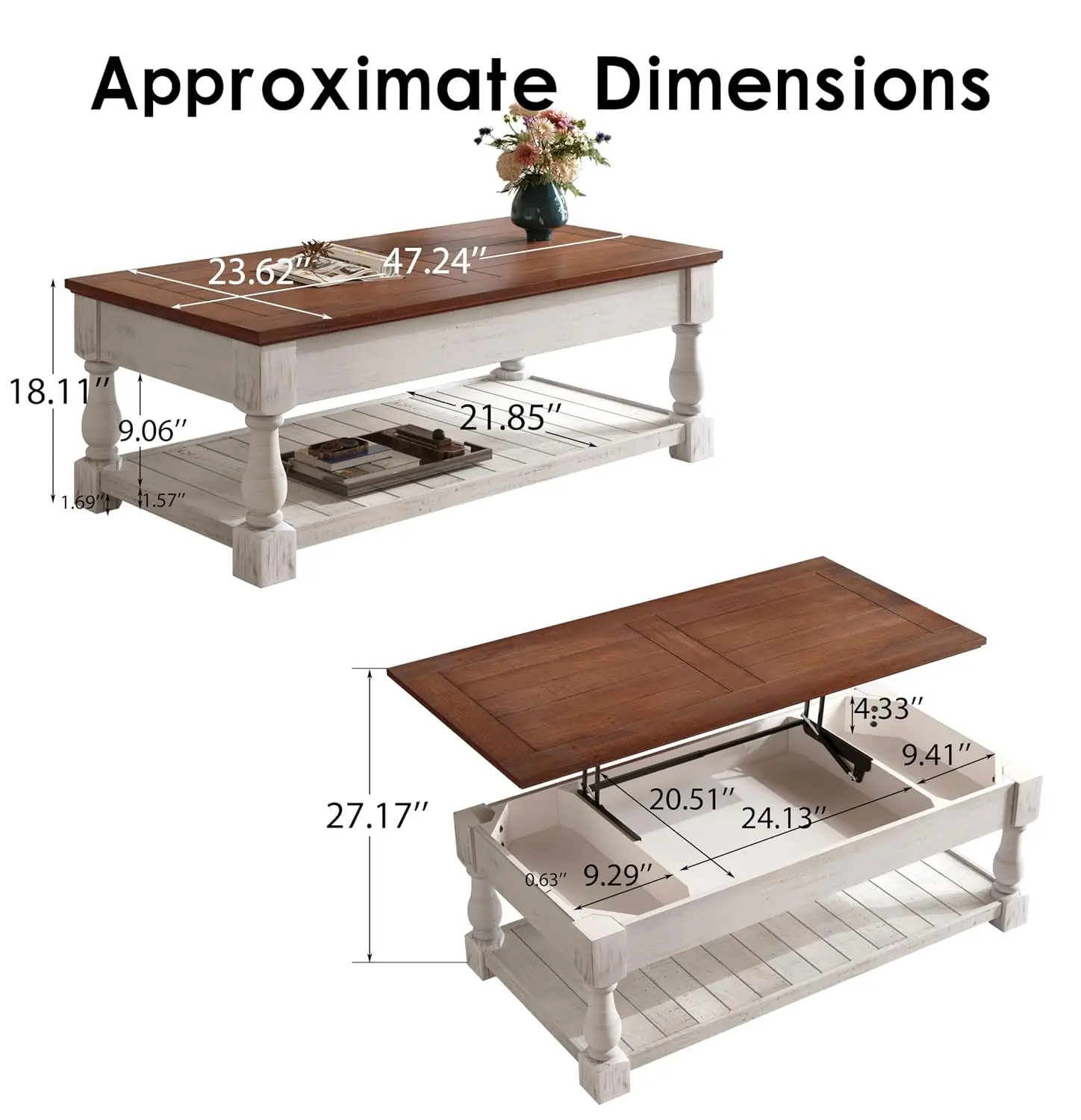 Lift Top Coffee Table With Hidden Storage & Open Shelf, Sofa Side Table For Living Room, Walnut & White, Customized