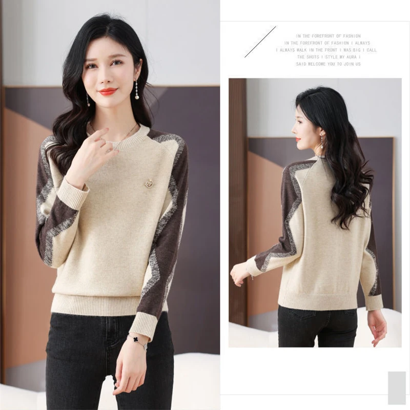 New Woman Sweater Pullovers Korean Autumn Winter Vintage Color Block Long Sleeve Knitted Sweaters Women Clothing Lady Jumpers