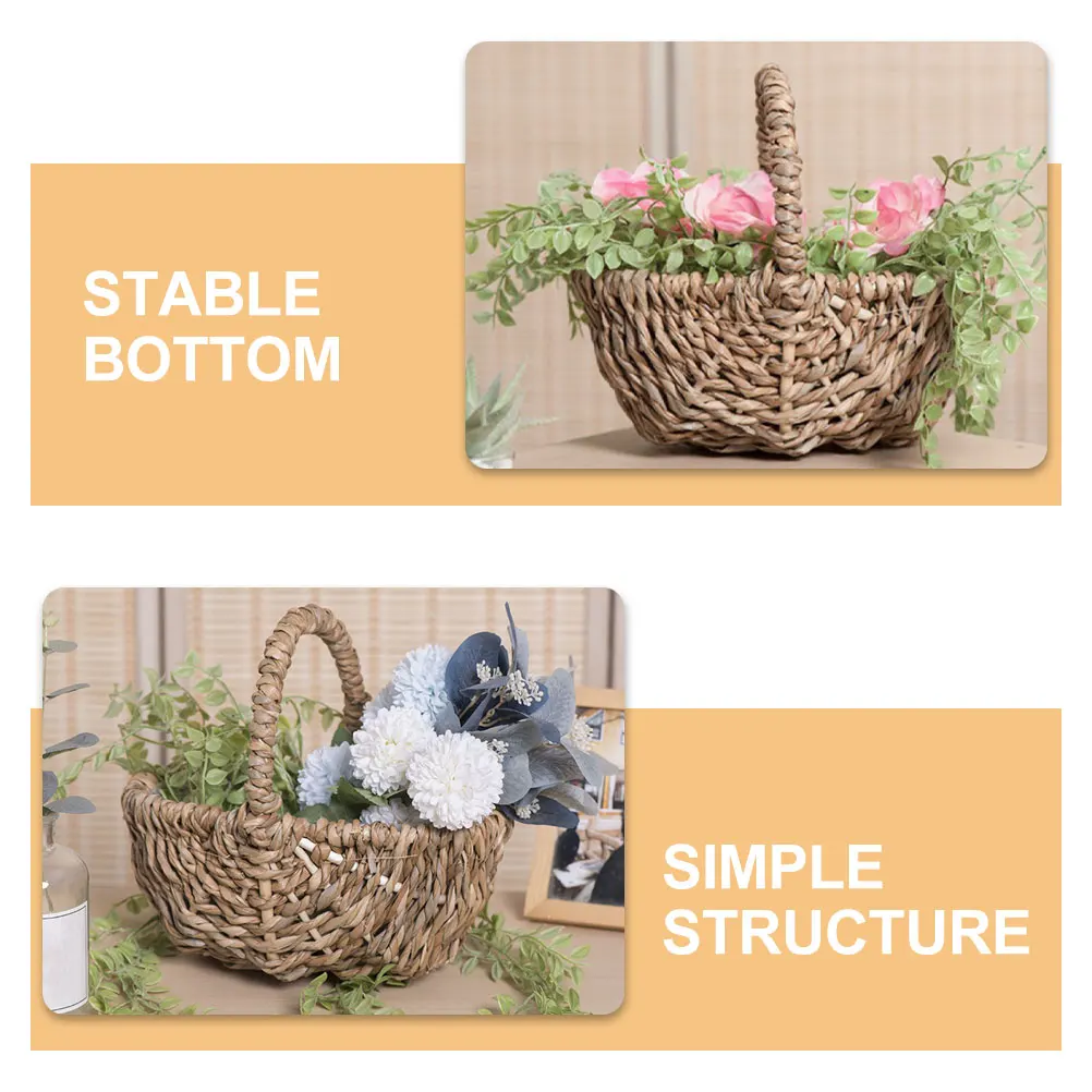 

Rustic Woven Flower With Handle Decorative Storage Basket Portable Lightweight Wedding Flower Girl Basket For Dried