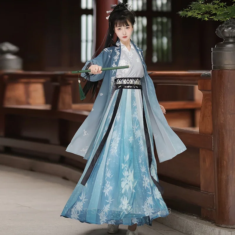 China Blue Wuxia Weijin Style Hanfu Ancient Chinese Traditional Dresses Women's Outfits Black Woman Swordsman Suit Cosplay WATER