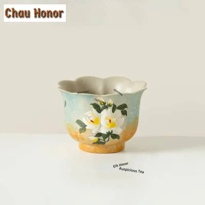 ZAEYORIA 50ml Hand-painted Gardenia Flower Teacup Luxury Tea Bowl Sample Tea Cup Tea-tasting Fragrance Cup Jianzhan Master Cups